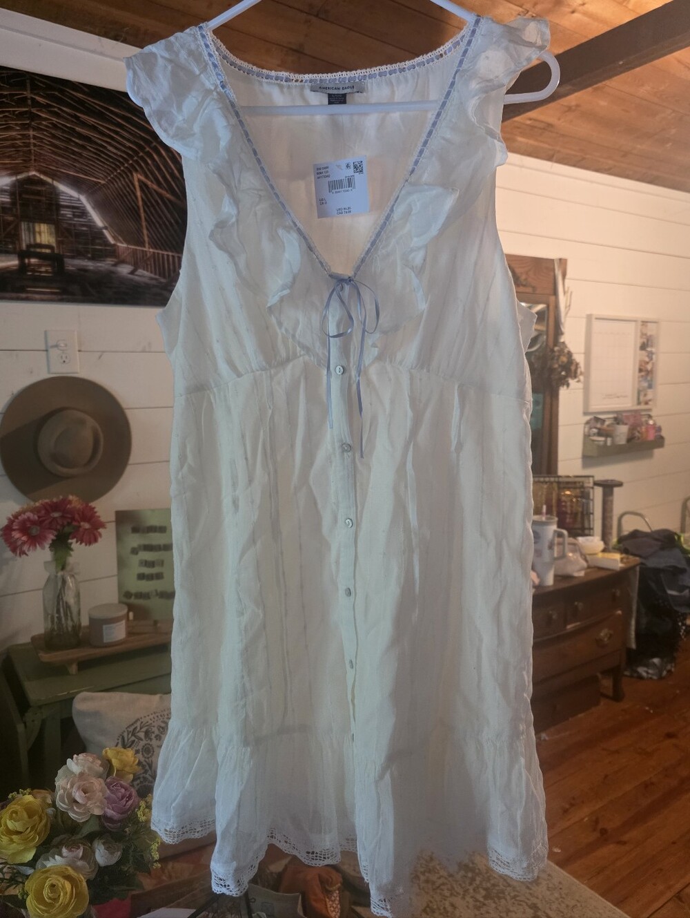 American Eagle White Ruffle-Trim Button Front Mini Dress